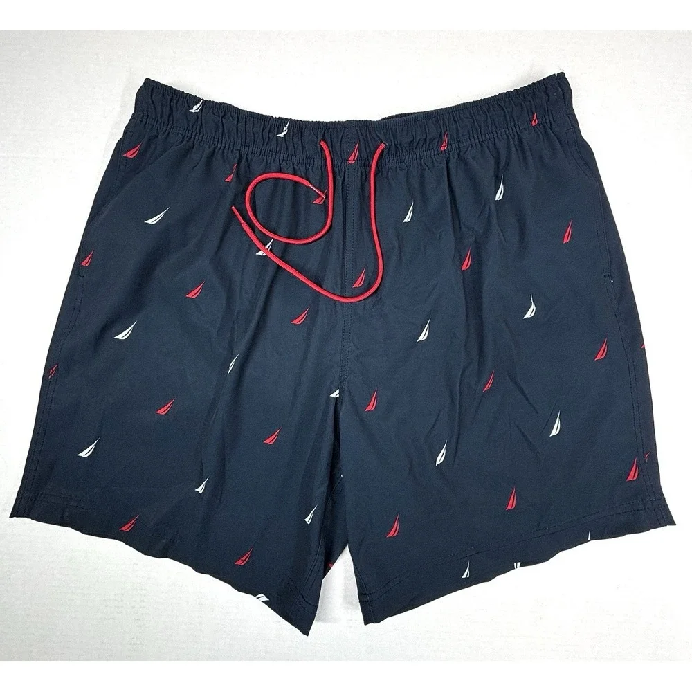 Nautica Sailboats Swim Trunks Mens 2XL Shorts Navy Lined‎ Patriotic Preppy  EUC